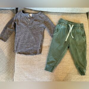 Miki Miette Gray Long Sleeve Shirt and Green Jogger Pants Set